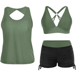 Yonique 3 Piece Tankini Swimsuits for Women Swim Tank Top Bathing Suits with Boy Shorts and Bra Athletic Swimwear (Large, Black & Army Green)