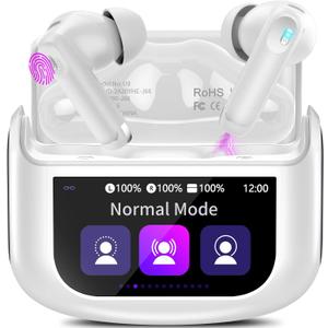 Wireless Earbuds, Bluetooth 5.4 Headphones with Multifunctional Touch Screen, 48H Bass Stereo Ear Buds with ANC/ENC Noise Cancelling/Transparency Mode, IPX7 Earphones with 5 EQ Modes, White