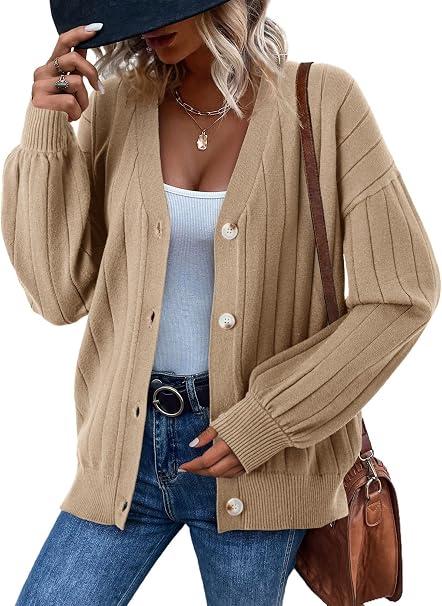 Dokotoo Womens Cardigan Sweaters 2025 Fall Casual Button Down Cuffed Long Sleeve Ribbed Knit Sweater Tops, 2XL
