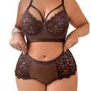 SOLY HUX Women's Plus Size Sheer Lace Lingerie Wireless Bra and Panty 2 Piece Underwear Set Coffee Brown 3X-Large Plus