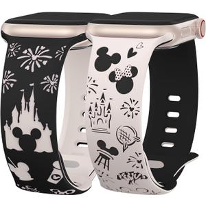 2 Packs Cartoon Engraved Band Compatible with Apple Watch Band 49/46/45/44/42/41/40/38mm Women Two-Tone Cute Soft Silicone Sport Strap for iWatch SE Series 10/9/8/7/6/5/4/3/2/1/Ultra(1/2) (Black Starlight/Starlight Black)