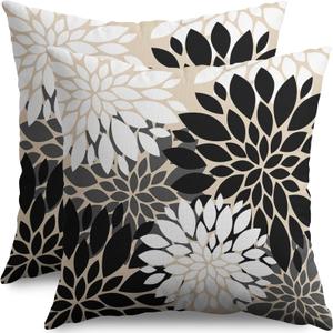 Black White Grey Gray Pillow Covers 18X18 Inch Set of 2, Modern Geometry Dahlia Floral Print Decorative Throw Pillow Covers Outdoor Farmhouse Cushion Case for Home Couch Sofa Bed Decoration