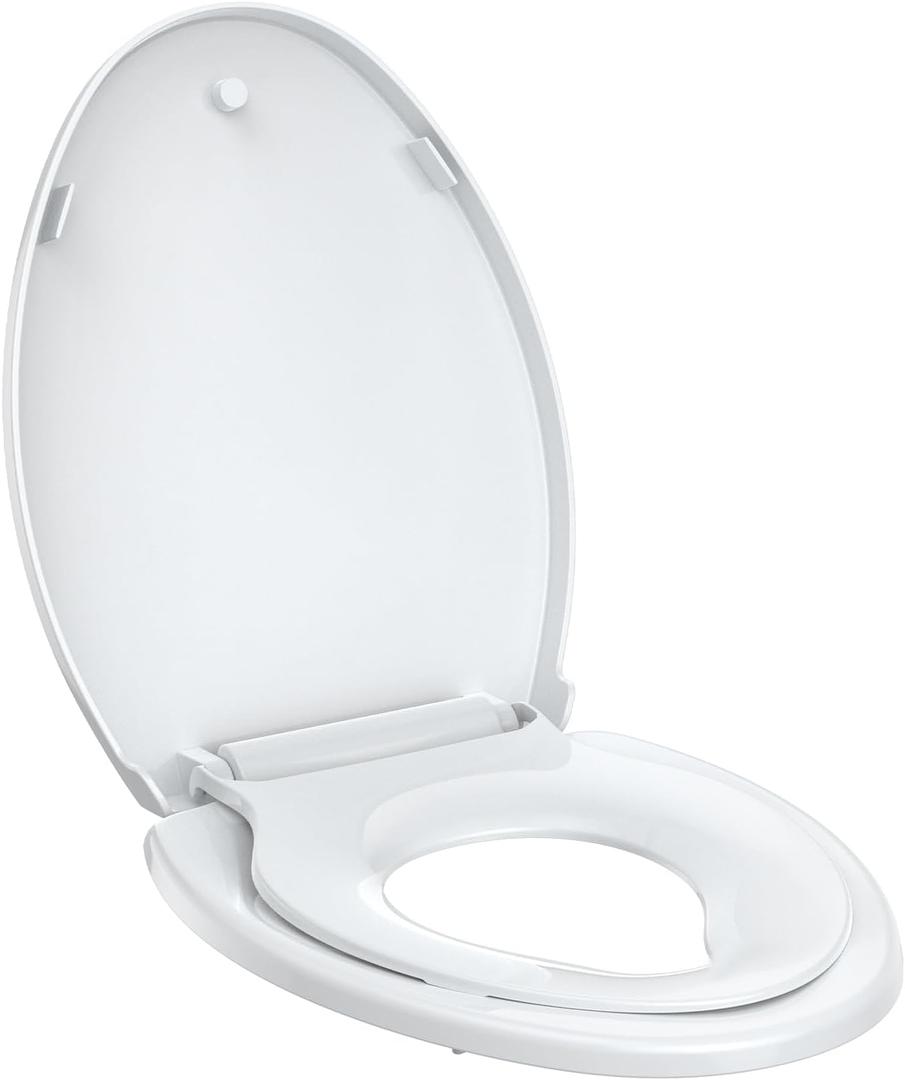 Toddler Toilet Seat White Elongated Toilet Seat with Toddler Seat, Quick-Release & Slow-Close Hinges, Child & Adult Friendly, Fits 19-Inch Elongated Toilets, Perfect for Family Bathroom Training