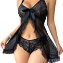 Sexy Halter Open Front Ruffle Sheer Mesh Lace Babydoll Lingerie Dress with Thong 2 Piece (S, Black)
