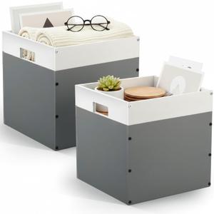 AceOrbit 2 Pack Gray Wood Crates Wooden Storage Box, Modular Open Cube Bins 11x11x11 Inch Stackable Wooden Storage Bins with Handles for Closet Shelf Toy Book Clothes Home Office