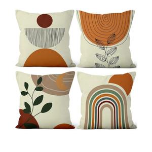 4 Pcs/Set Boho Abstract Pillow Covers Bohemian Sun Moon Rainbow Botanical Plants Geometric Strips Minimalist Linen Throw Cushion Cases for Couch Sofa Bedroom Decorative, 16"x16"