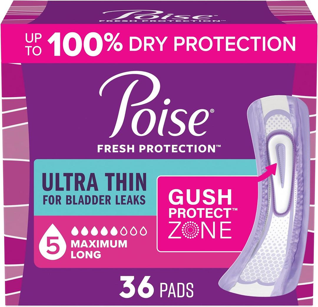 Poise Ultra Thin Incontinence Pads for Women, 5 Drop, Long, 36 ct