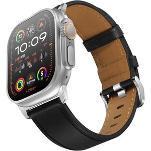 UUPWPOKT Leather Band Compatible with Apple Watch Ultra 3/2/1 Band 49mm 46mm 45mm 44mm 42mm Men, Genuine Leather Strap for iWatch Ultra Series 11 10 9 8 7 6 5 4 3 2 1 SE 3/2/1, Black/Silver