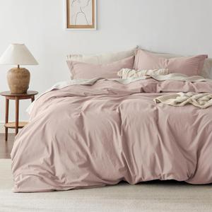 Bedsure 100% Washed Cotton Duvet Cover King Size - Petal Pink Minimalist Cotton Duvet Cover Linen Like for All Seasons - GentleSoft Plain Simple Bedding (Petal Pink, King, 104"x90")