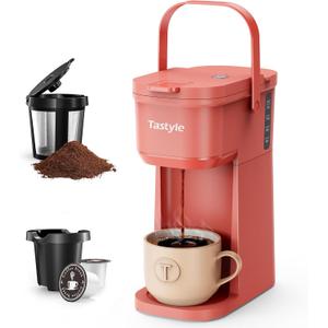 Tastyle Single Serve One Cup Coffee Maker, for K Cups and Grounds, Mini Coffee Maker with Portable Handle, 6 to 12 Oz Brew Size, for Travel, Camping, Office, RV and Dorm, 120V, Salmon Pink