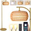 Gold Boho Rattan Floor Lamp w/Remote, Dimmable (2700K - 6000K), 2 - in - 1 Wicker & Fabric Shade, Adjustable 165-172cm for Living Room & Bedroom (Small)