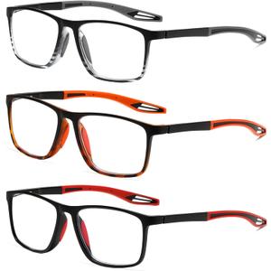 TR90 Sports Style Reading Glasses for Men Anti-Slip 3 Pack Blue Light Blocking Readers Spring Hinge Sturdy (3mix B (Black & Red, Stripe & Grey, Tortoiseshell & Orange))