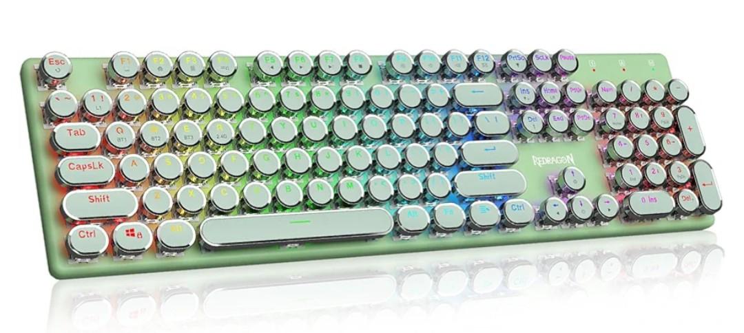 Redragon K710 Wireless Typewriter Mechanical Gaming Keyboard, Bluetooth/2.4Ghz/Wired, RGB Led Backlit, Blue Switch - Clicky, Rechargeable, Solid Metal Panel, Round Keycaps, Green