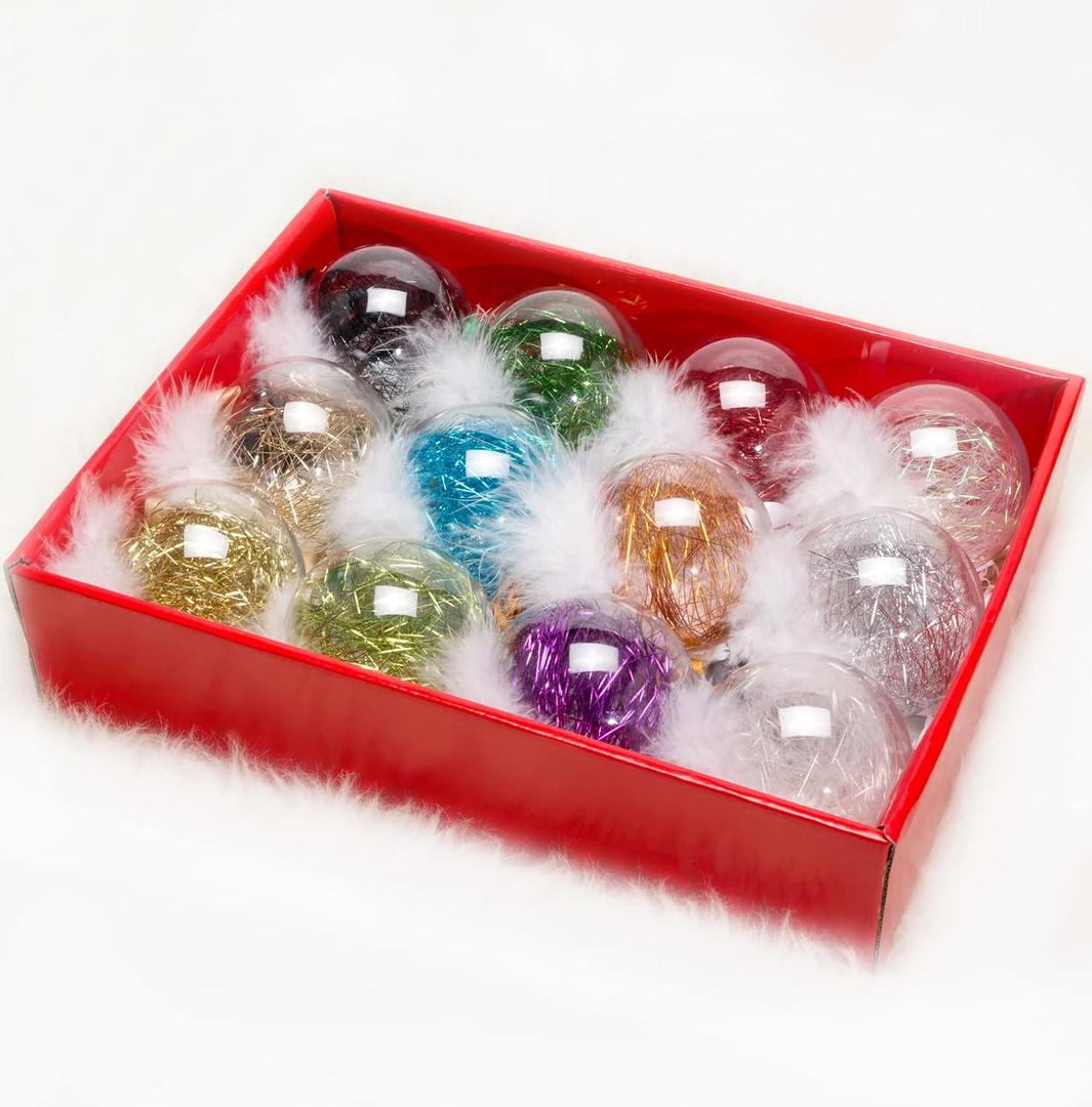 AMS 3.14''/12ct Shatterproof Clear Plastic Christmas Ball Ornaments Decorative Xmas Balls Baubles Set with Stuffed Delicate Decoration for Wedding,Thanksgiving,Party(80mm, Mix-Corlor)