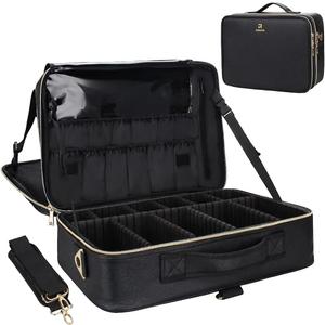 Relavel Makeup Case Large Makeup Bag Professional Train Case 16.5 inches Travel Cosmetic Organizer Brush Holder Waterproof Makeup Artist Storage Box, 3 Layer Large Capacity, with Adjustable Strap (Black Leather)