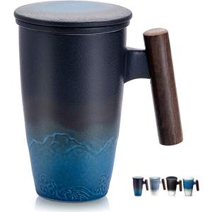 Suyika Tomotime Ceramic Tea Cup with Infuser and Lid Tea Mugs Wooden Handle 400ml/13.5oz Black cyan (01-Black & Blue)