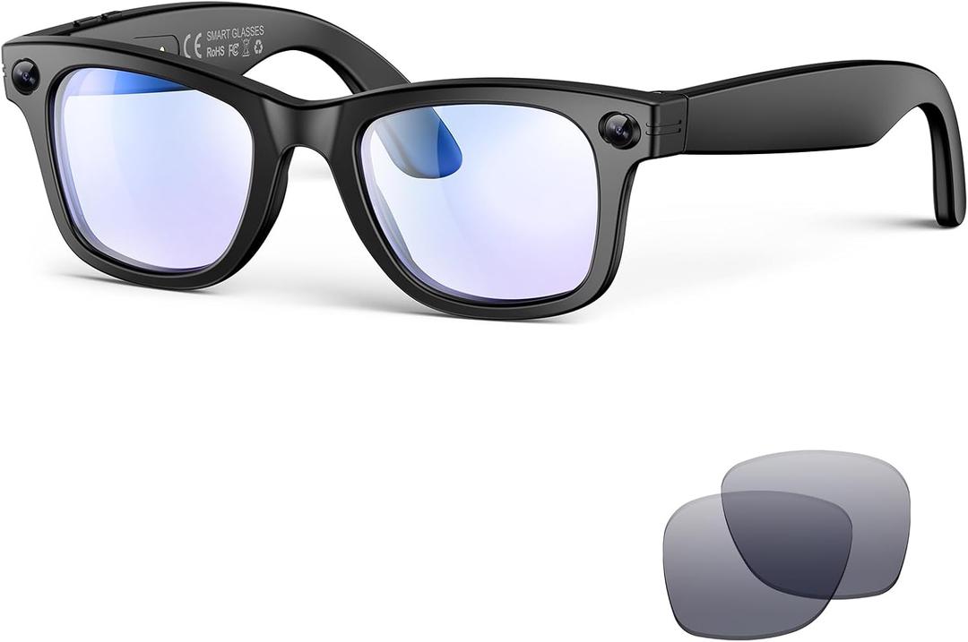 AI Smart Glasses with Camera and Bluetooth,8MP 2K HD Camera Glasses,AI Voice Control,AI Photo Recognition and Translation,Smart Anti-Blue Light Glasses,IP67 Waterproof for Driving,Outdoor,+2 Lenses. (Matte Black Frames,Blue Light Filtering Lenses)