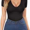 MANGOPOP Womens Deep V Neck Short Sleeve Slim Fit T Shirt Tops Tee (Medium, A01black)
