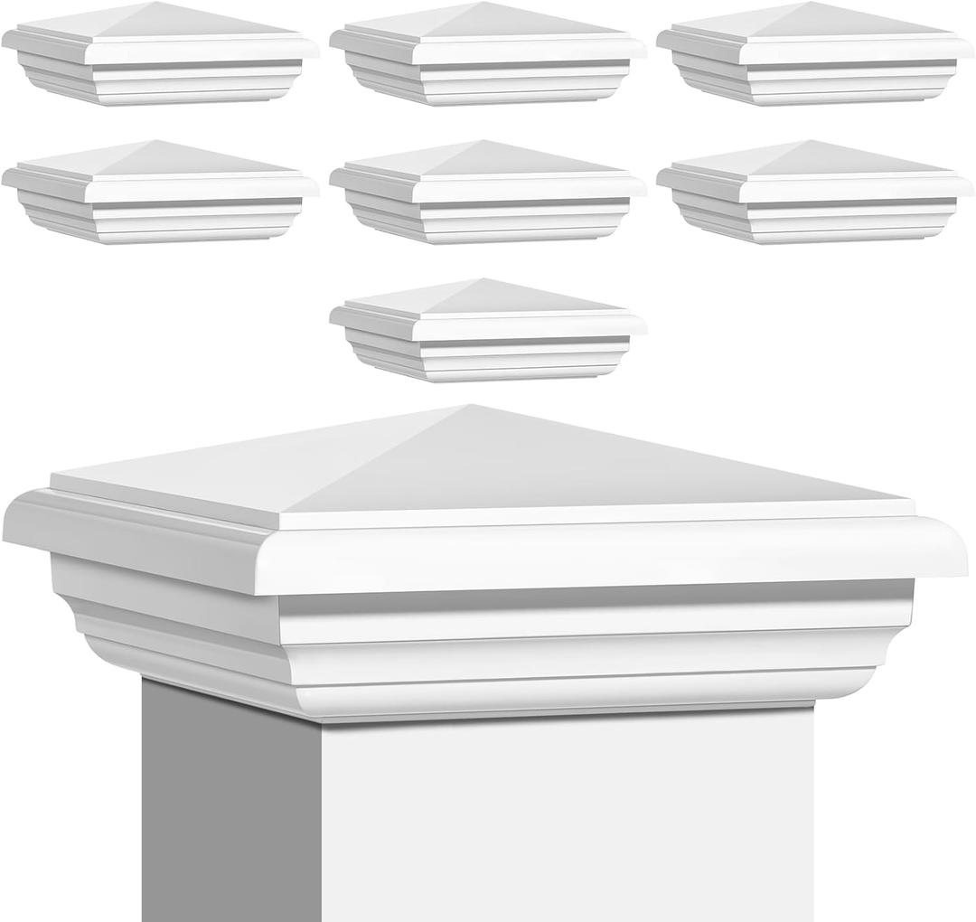 Sasylvia 8 Pcs 4 x 4 Inch Vinyl Fence Post Caps (Actual 4x4), White PVC England Style Cap Top Pyramid Square Waterproof UV Resistant Decorative Vinyl Fence Post Caps