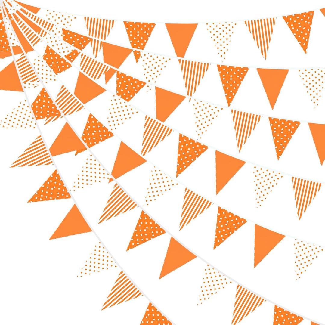 32Ft Orange Stripe Dot Triangle Flag Fabric Banner Cotton Pennant Garland Bunting Streamer for Fall Decor Autumn Wedding Birthday Party Thanksgiving Day Home Nursery Outdoor Garden Hanging Decoration