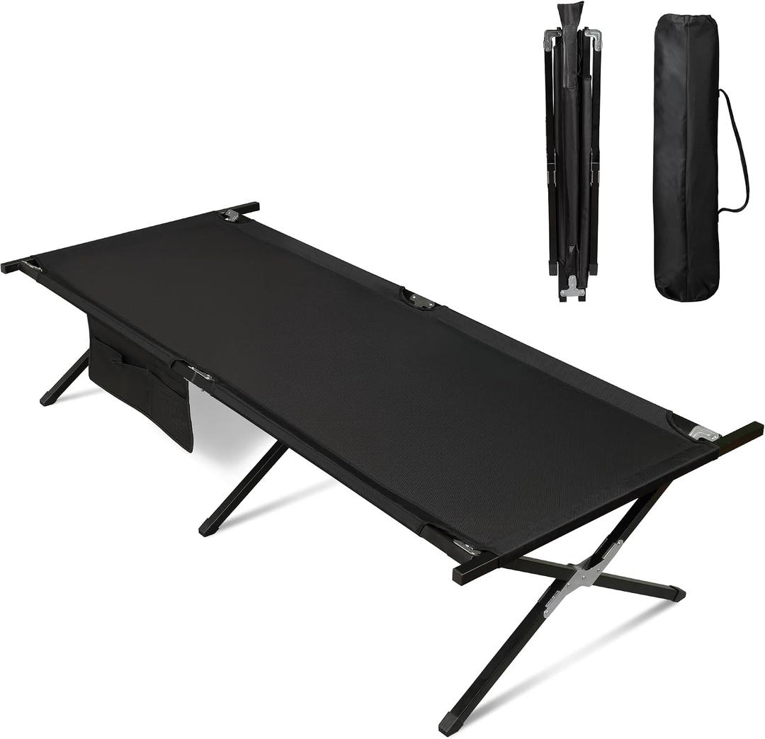 WLIVE Military Camping Cots for Adults, Portable Camping Bed with Carry Bag, Foldable Camp Cots for Sleeping with Side Pocket, Support 300Lbs, Black, 1 Position