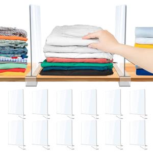 12 Pack Acrylic Shelf Dividers, Clear Shelf Divider for Closet Organization, Closet Shelf Separators for Clothes/Purses, Wood Shelves Organizers in Bedroom, Kitchen, Office, Cabinets, Bathroom Storage