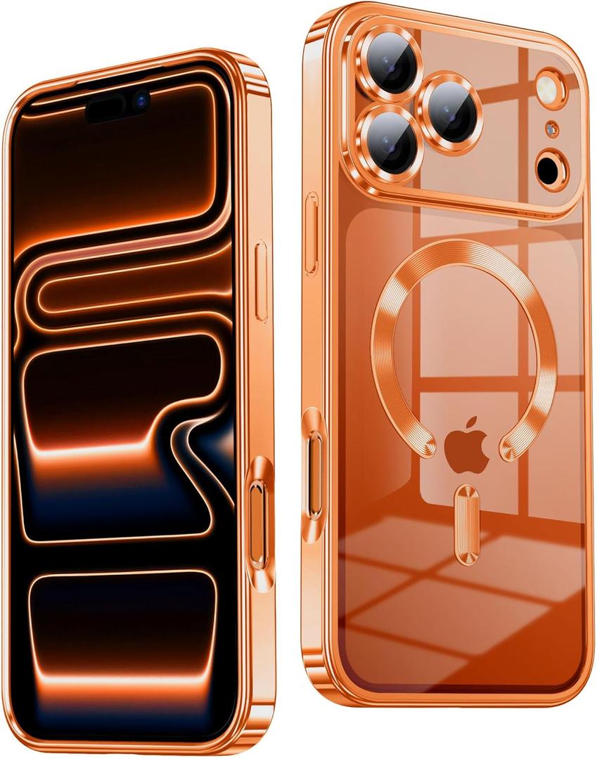 TOBOVON Slim Thin for iPhone 17 Pro Case Clear, Compatible with MagSafe, Built-in Camera Lens Protector, Shockproof Protective Phone Case, Soft Electroplated Magnetic Cover, Orange