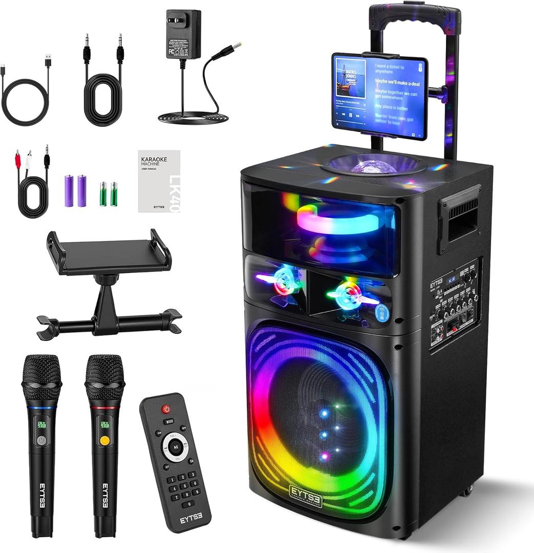 Karaoke Machine for Adults with 2 UHF Mics, 10" Woofer 480W Peak Power, Wireless 5.3 Portable Singing Speaker PA System with Remote Control, Party Lights Disco Ball, Rolling Wheels, Trolley