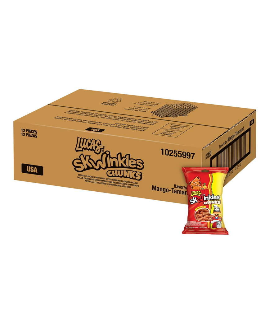 Lucas Skwinkles Candy Chunk Mango Flavored with Tamarind Filling 2.46oz, 12 pieces Pack, Perfect for Snacks, Parties, Best By: Aug. 20, 2025
