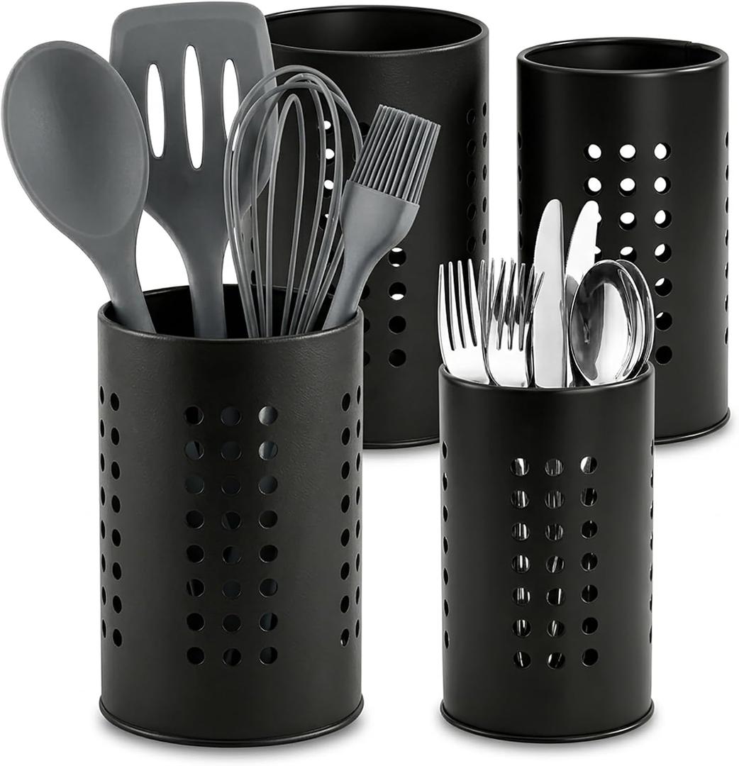Nicunom Set of 4 Kitchen Utensil Holder for Counter, 2 Size Black Stainless Steel Cutlery Holder Large Cooking Utensil Crock Round Flatware Silverware Spatulas Utensil Organizer for Countertop