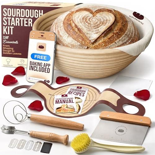 Superbaking Sourdough Starter Kit, 9" Round Banneton Bread Proofing Basket Set, Sourdough Bread Baking Supplies, Sourdough Tools with Silicone Bread Sling, Bread Making Tools, Baking Gifts