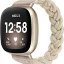 Wearlizer Elastic Band Compatible with Fitbit Versa 4 Bands for Woman/Versa 3/Sense 2/Sense Bands Women, Slim Solo Loop Braided Strap Stretchy Woven Wristband Accessory, Khaki, Small