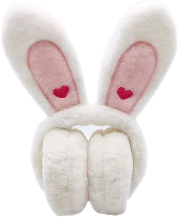 Cute Bunny Ears Earmuffs, Winter Warm Fluffy Ear Muffs Foldable Animal Ear Warmers Ear Covers Headband for Women (White)
