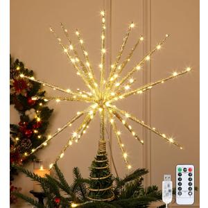 15 Inch Christmas Tree Star Topper with 150 LED Timer Lights & Remote, 19-Point USB Powered Lighted Gold Starburst Star Tree Topper for Indoor Holiday Party Xmas Tree Decor