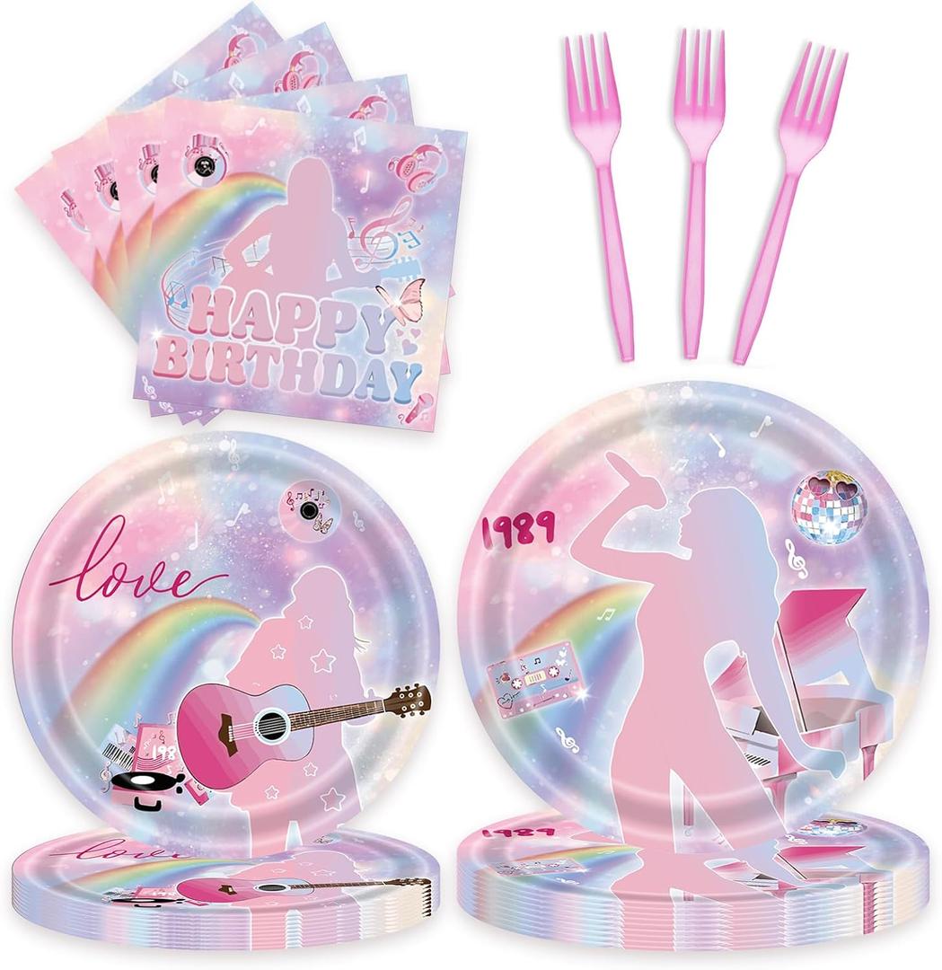 96 Pcs Birthday Plates and Napkins Party Supplies - Disposable Forks Paper Dessert Tableware Guitar Cartoon Decorations Table Dinnerware Favors Set, Serves 24(Guitar)