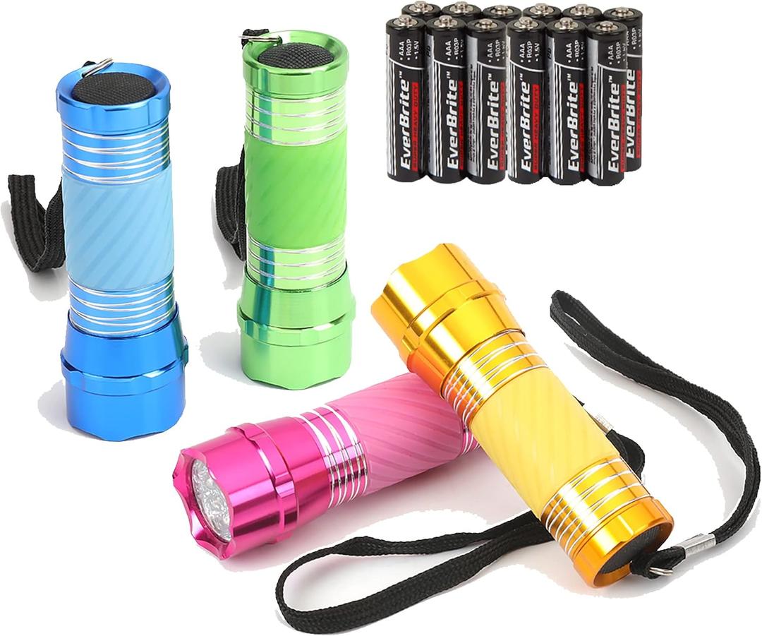 EverBrite 4-Pack Mini LED Aluminum Flashlight Party Favors Colors Assorted for Hurricane Supplies with Handle Glow in Dark