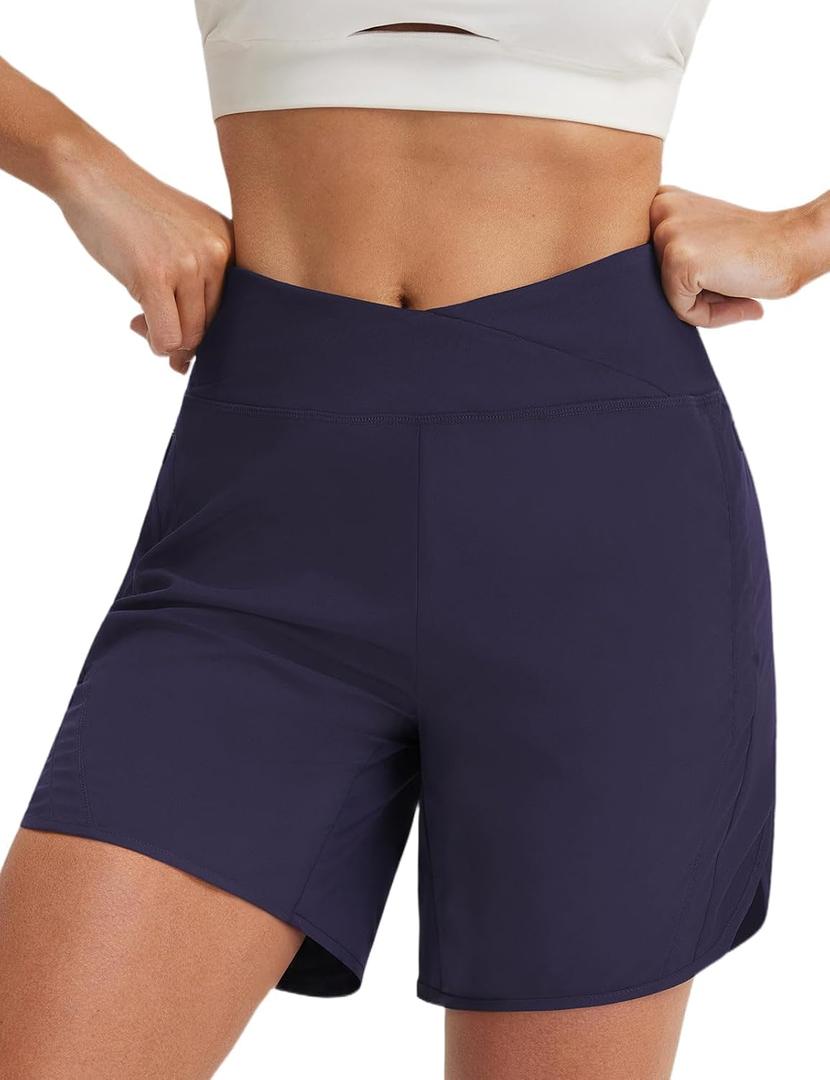 baleaf Women's 7 inch Athletic Shorts Crossover Waist Quick Dry Shorts (Blue, S)
