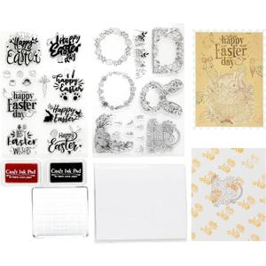 CraftyManor Happy Easter Clear Stamps for Scrapbooking, Vintage Rabbit Stamp Set for Journaling, Card Making Supplies for Crafting, DIY, Photo Album Decor & Junk Journal 5.8x8.3in (Wreath + Text Set)