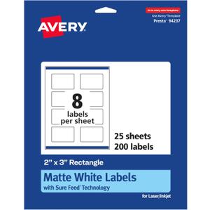 Avery Matte White Rectangle Labels, Sure Feed Technology, 2" x 3", 200 Matte White Printable Labels