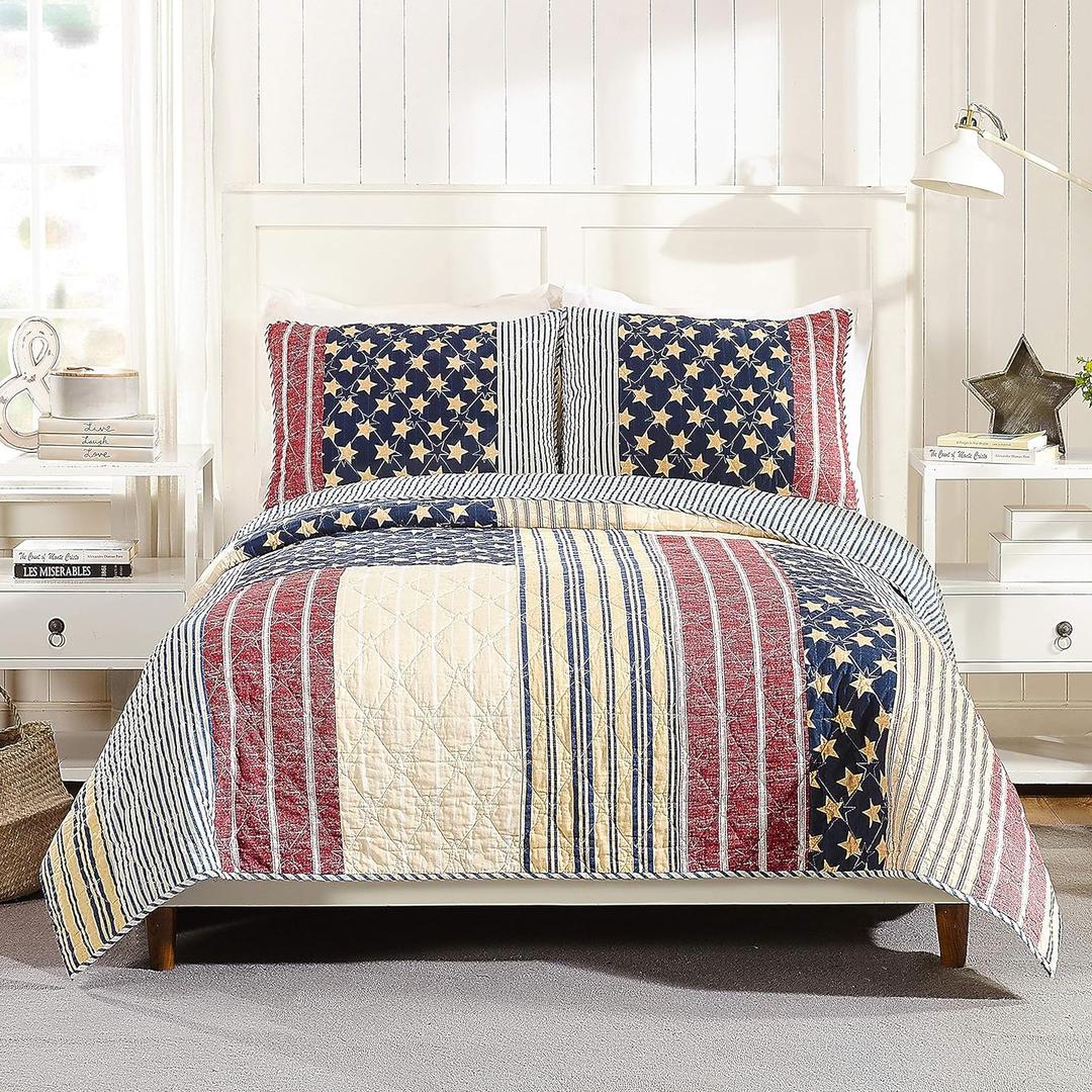 Americana Quilt with 2 Shams, Rustic 3-Piece Reversible All Seasons Quilt Set, Lightweight Coverlet Set, Full Queen Size, Red/Blue