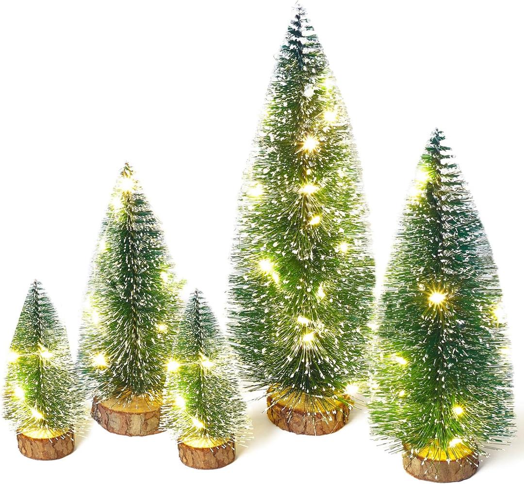 Mini Christmas Tree with Lights, Small Table Top Decorations, Desktop Miniature Pine Tree Xmas Holiday Decor Indoor Home, Bottle Brush Trees with Wooden Base, 5 Pcs with Light