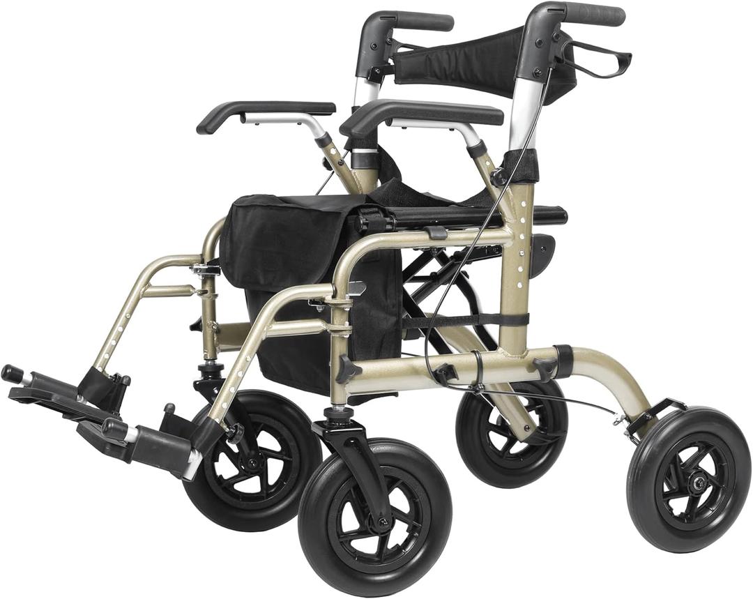 ELENKER All-Terrain 2 in 1 Rollator Walker & Transport Chair, Folding Wheelchair with All 10 Wheels for Seniors, Reversible Backrest & Detachable Footrests, Champagne