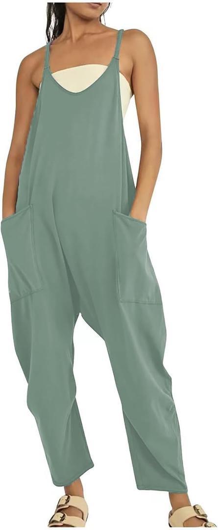 Rompers for Women Casual Summer Jumpsuits Sleeveless Loose Spaghetti Strap Overalls Jumpers (Green)