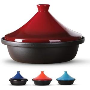 Culivora Moroccan Tagine for Cooking: Enameled Cast Iron Cooking Pot, Slow Cooker, Classic Kitchen Cookware, Tajine with Ceramic Cone-Shaped Closed Lid, 3.3 QT, Red