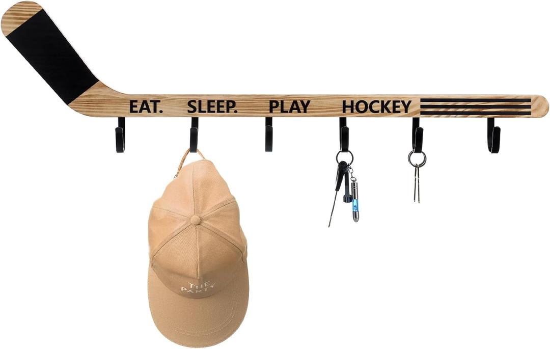 Leinuosen Wood Hockey Stick Wall Mounted Coat Rack with 4 Hooks, Wall Decoration, Wooden Coat Hooks for Hanging Clothes, Towels, Backpacks, Keys