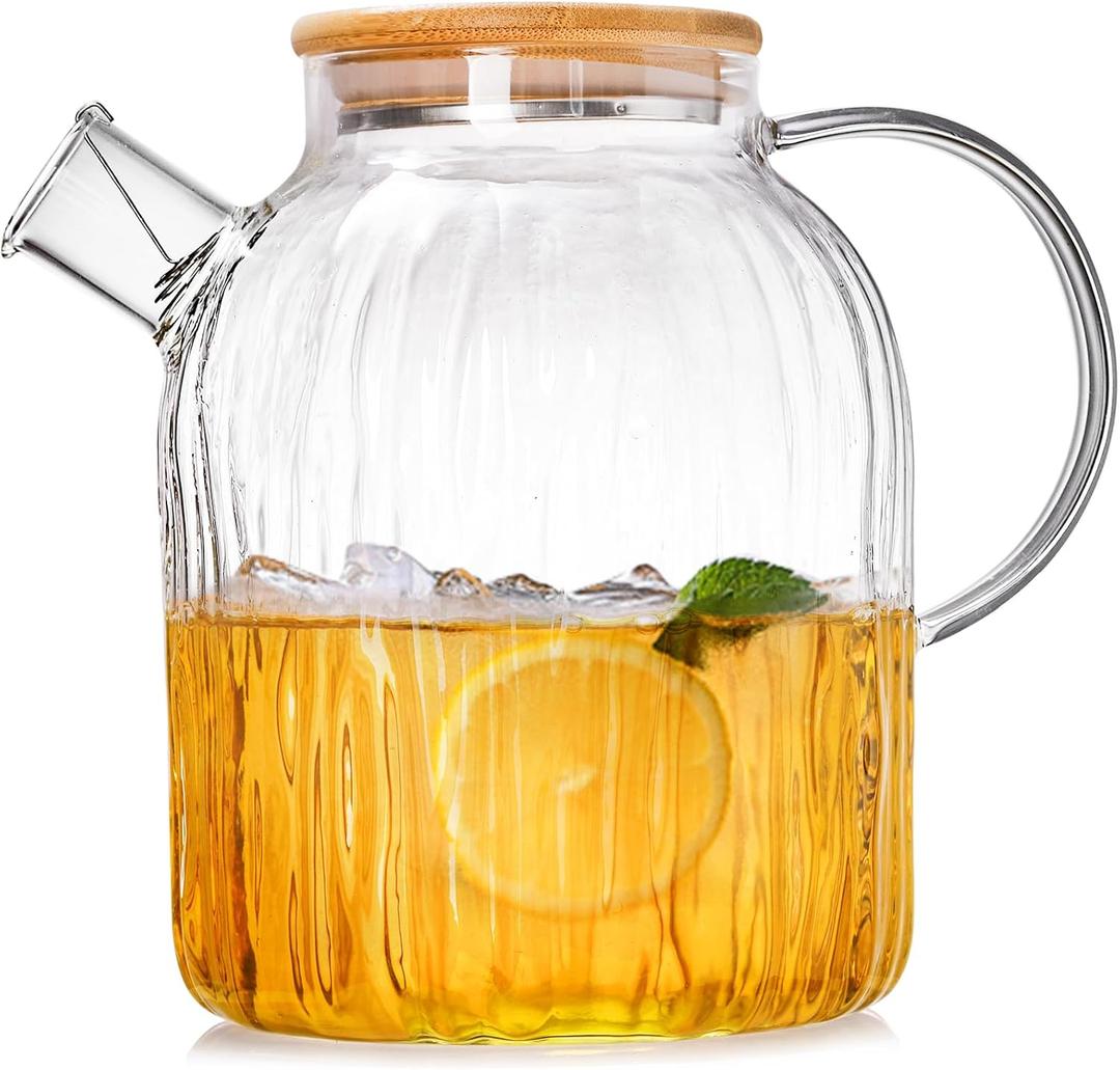 Peohud Glass Teapot Stovetop Safe 60 Oz, Glass Pitcher with Bamboo Lid, Borosilicate Clear Tea Kettle with Removable Filter Spout, Teapot for Loose Leaf and Blooming Tea