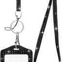 SAVORI Bling Badge Lanyard with ID Holder, Rhinestone Sturdy Neck Lanyard Horizontal Name Card Holder for Women Girl (Black)