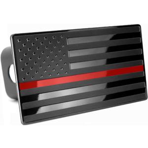USA American Flag Emblem Metal Trailer Hitch Cover (Fits 2" Receivers, Black Flag with Red line)