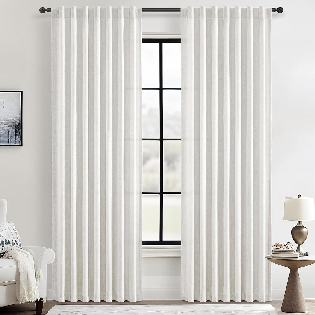 Linen Curtains 90 Inches Long Floor to Ceiling Track Pleated Light Filtering Curtain, Elegant Neutral Privacy Beige Off White Sheer Pleated Window Drapes for Kids Room/Nursery Rod Pocket 2 Panels