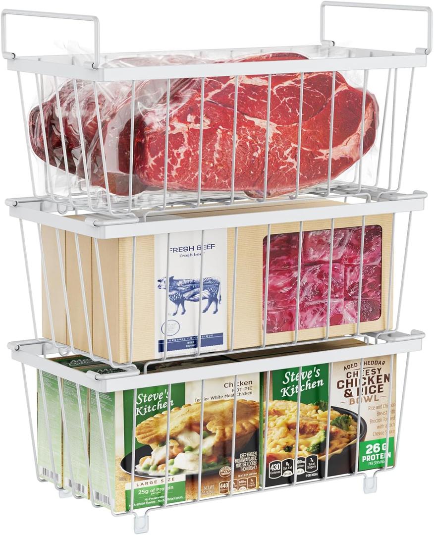 iSPECLE Chest Freezer Organizer Bins - Fits 7 Cu.Ft Deep Freezer, 3 Pack Stackable Wire Baskets(14.7" Length), Heavy Duty Coated Freezer Organizer, Rust Resistant for Frozen Food Sorting, White